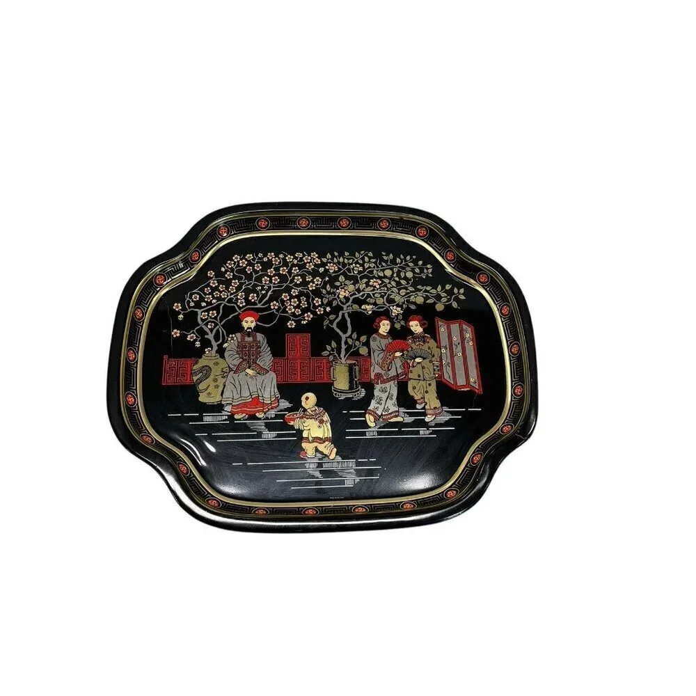 Vintage Asian Tin Serving Tray Made in England Chinese Emperor Throne Oriental